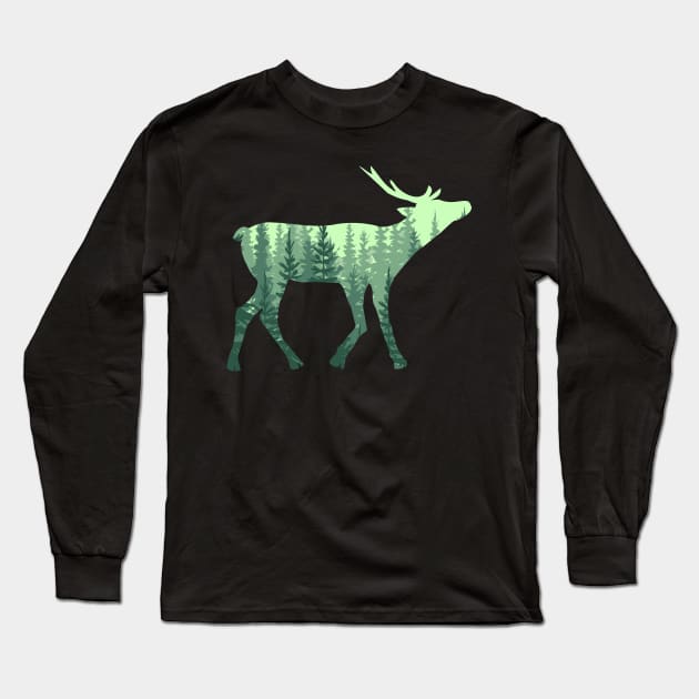 Stag deer Silhouette Forest Hiking Camping Gifts Long Sleeve T-Shirt by Lomitasu